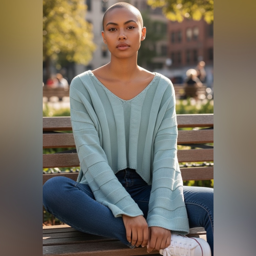 Miracle USA Turquoise Long Sleeve Cropped Sweater w/ Bell Sleeves